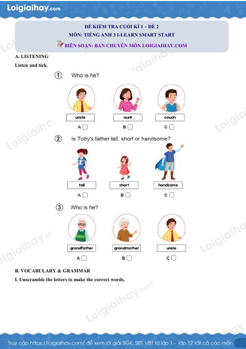 Đề thi học kì 1 Tiếng Anh 3 iLearn Smart Start - Đề số 2